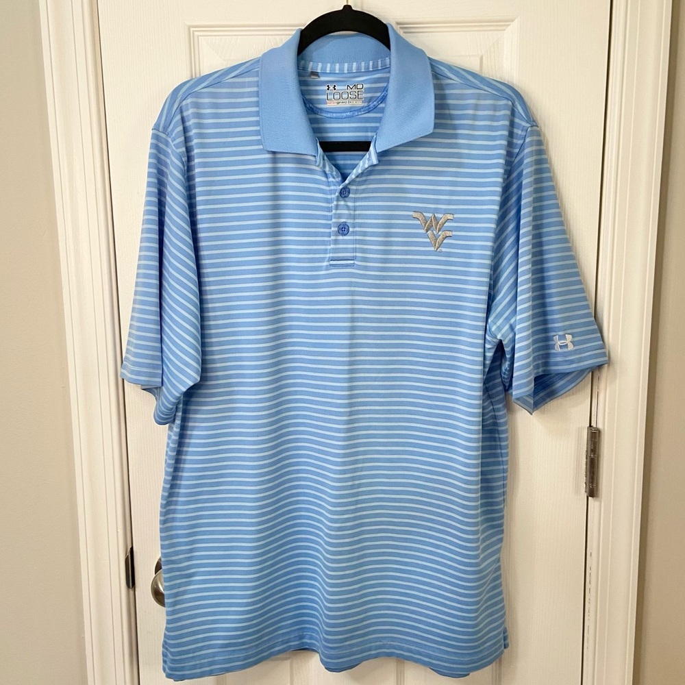Under Armor West Virginia WVU Blue Striped Polo Loose Fit Men’s Medium